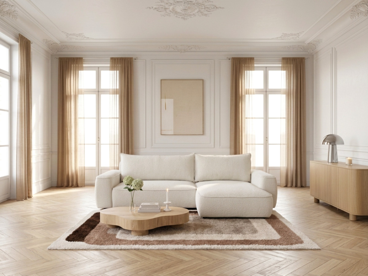 Bobochic Honore Ecksofa mit Schlaffunktion und Bettkasten Chenille Weiß