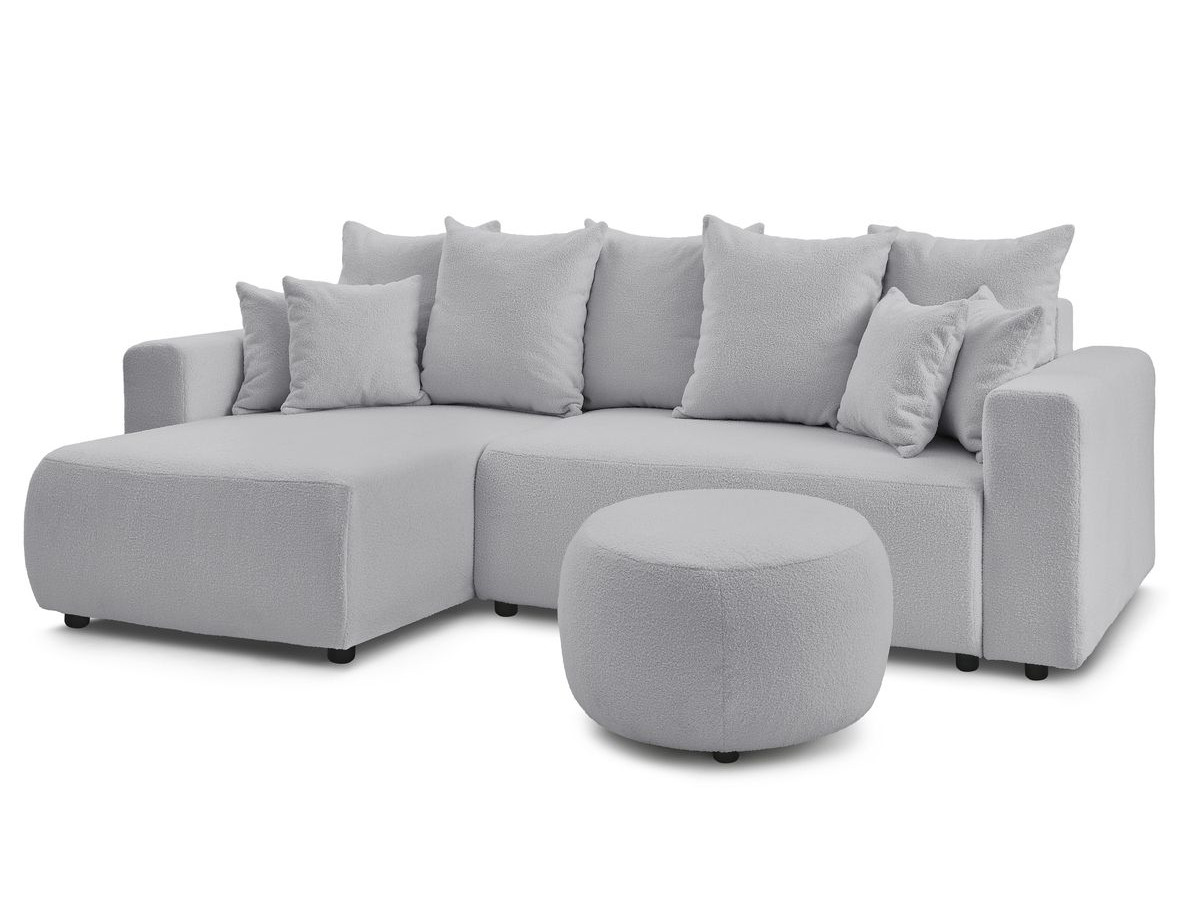 Bobochic Envy Ecksofa mit Schlaffunktion und Bettkasten und rundem Pouf Bouclé-Stoff Hellgrau