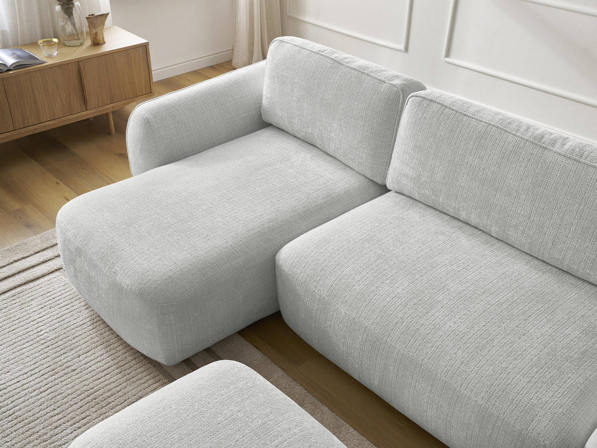 Bobochic Denise Ecksofa mit Schlaffunktion und Bettkasten und Pouf 258 × 160 cm Strukturstoff Hellgrau Ecke links
