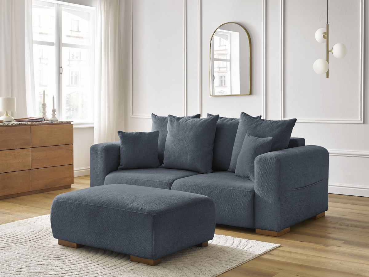Bobochic Sidonie Sofa 3-Sitzer mit Pouf Melange-Stoff Dunkelblau
