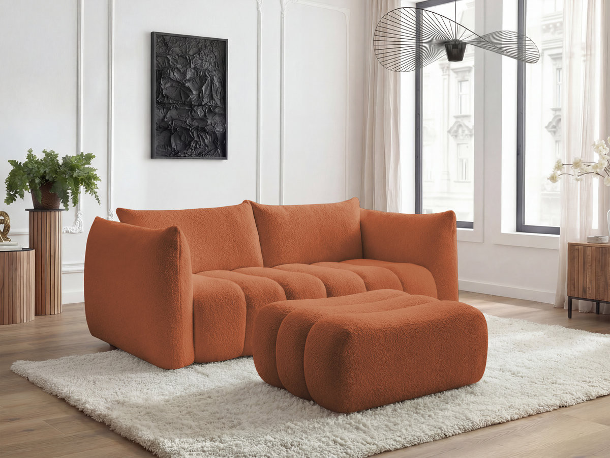 Bobochic Azra Sofa 3-Sitzer mit Pouf Bouclé-Stoff Orange