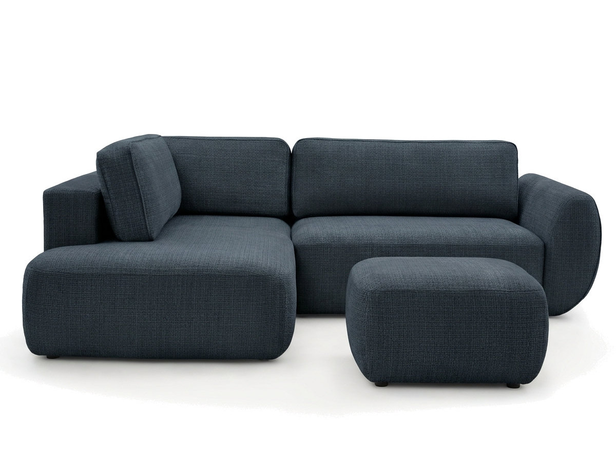 Bobochic Denise Ecksofa mit Schlaffunktion und Bettkasten und Pouf 256 × 197 cm Strukturstoff Dunkelblau Ecke links
