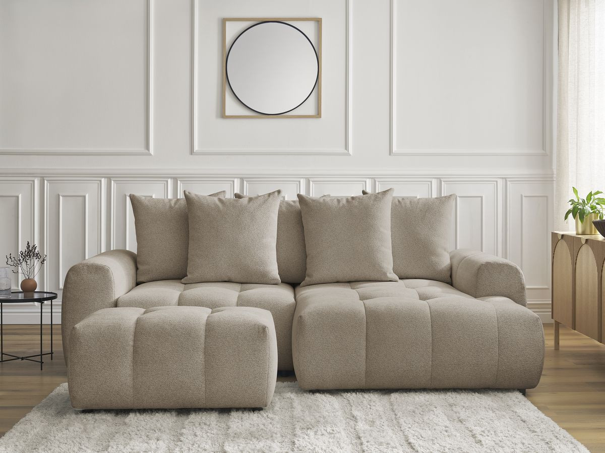 Bobochic Roxelane Ecksofa mit Schlaffunktion und Bettkasten und Pouf 258 × 150 cm Melange-Stoff Taupe Ecke rechts