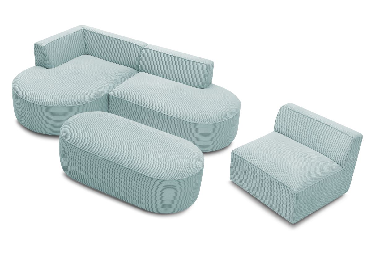 Bobochic Rousseau Ecksofa mit Sofamodul und Pouf Cordsamt Hellblau Ecke links