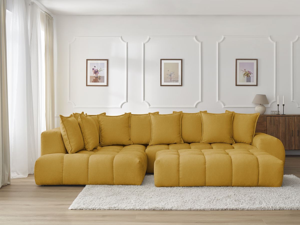 Bobochic Everest Ecksofa mit Schlaffunktion und Pouf, 10 Kissen Strukturstoff Gelb Ecke links
