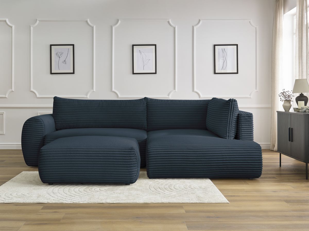Bobochic Lucien Ecksofa mit Schlaffunktion und Bettkasten und Pouf 296 × 198 cm Breitcord weich Dunkelblau Ecke rechts