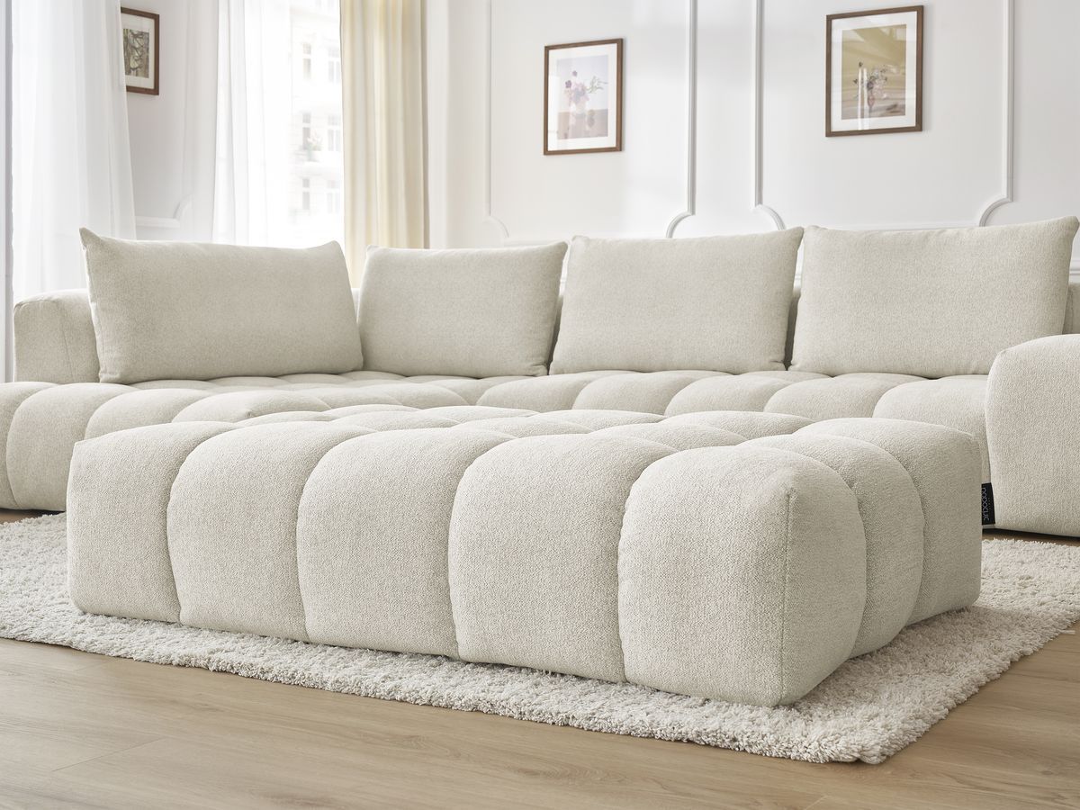 Bobochic Everest Ecksofa mit Schlaffunktion und Pouf, 4 Kissen Melange-Stoff Weiß Ecke links