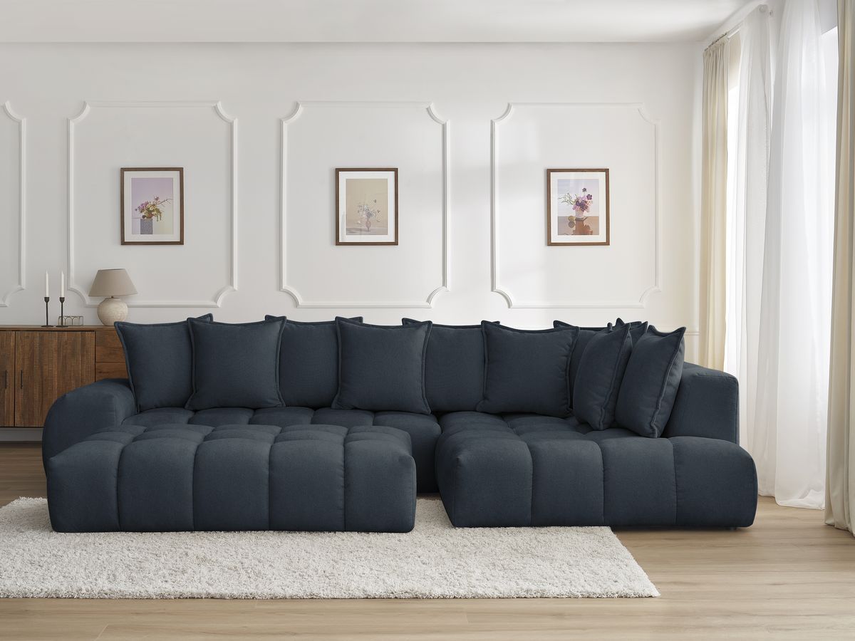 Bobochic Everest Ecksofa mit Schlaffunktion und Pouf, 10 Kissen Strukturstoff Dunkelblau Ecke rechts