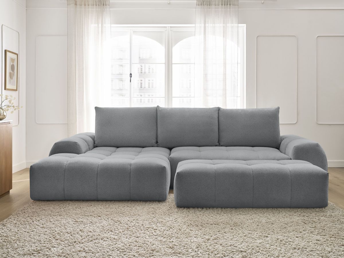 Bobochic Everest Ecksofa mit Schlaffunktion und Bettkasten und Pouf 318 × 180 cm, 3 Kissen Melange-Stoff Dunkelgrau Ecke links