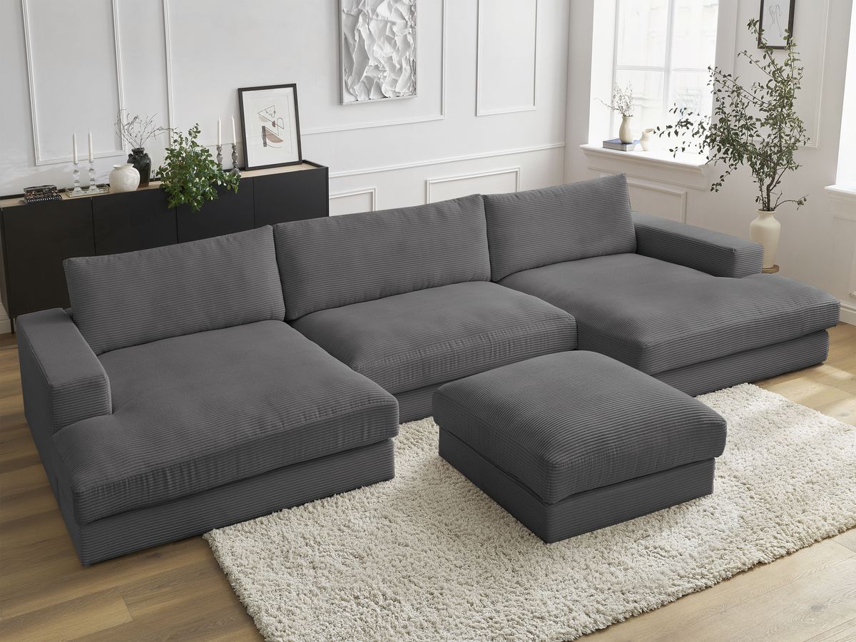 Bobochic Leonard Wohnlandschaft mit Pouf 349 × 159 cm Cordsamt Dunkelgrau