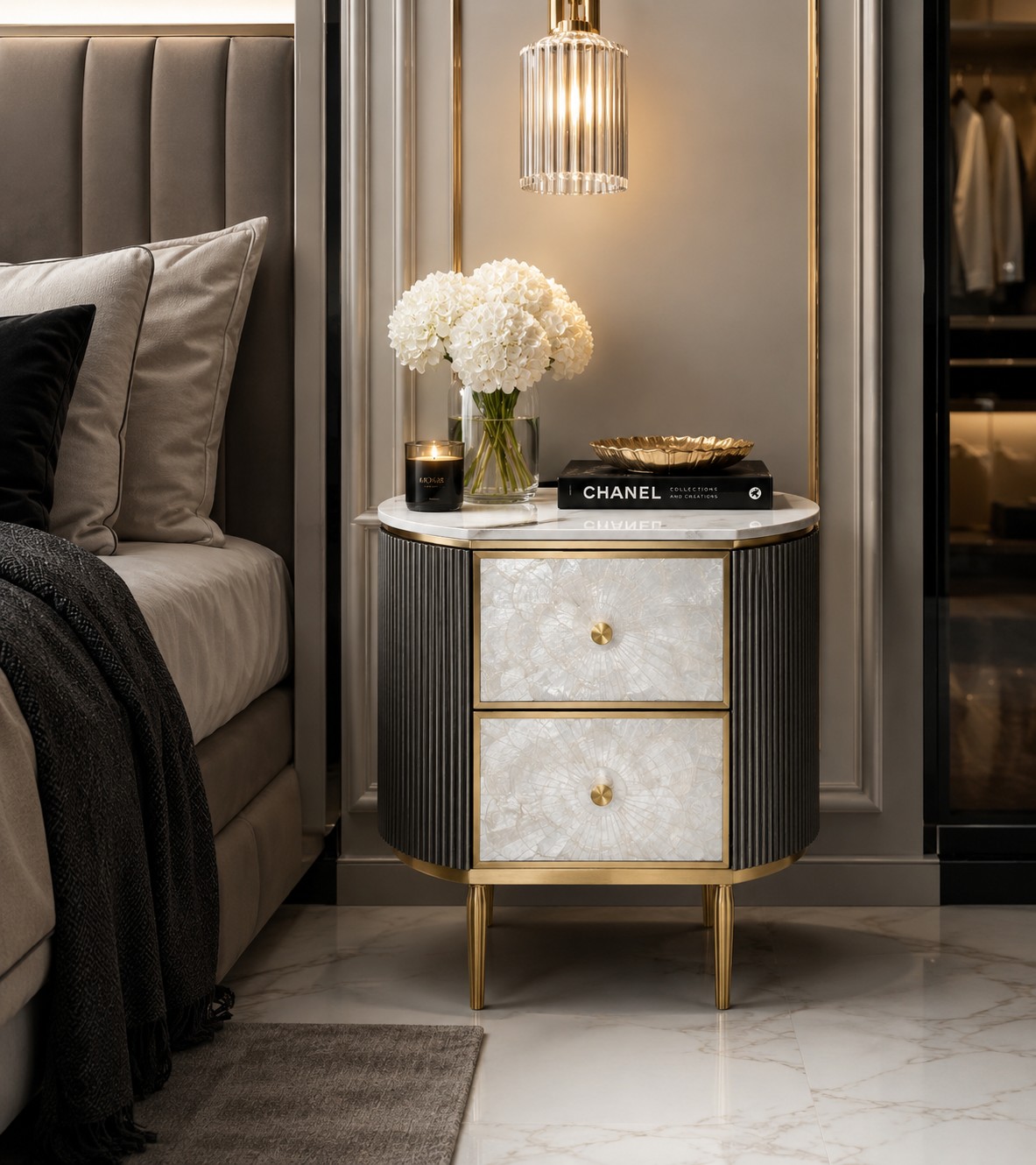 Livin Hill Nachttisch Stilig Bedroom 55 cm Dunkles Metallic-Braungrau, Platte Weiß