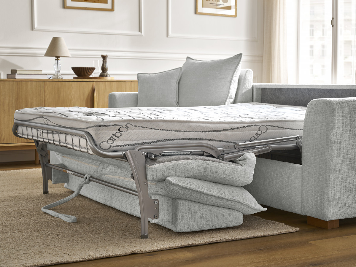Bobochic Augustin Ecksofa mit Schlaffunktion und Bettkasten Strukturstoff Hellgrau, Liegefläche 140 × 200 cm