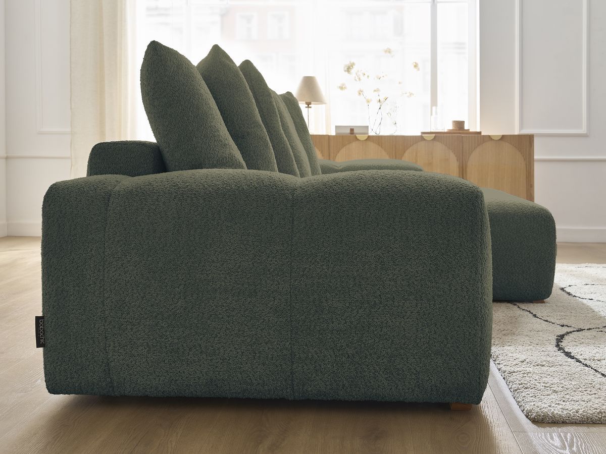 Bobochic Anakin Ecksofa, 6 Kissen Bouclé-Stoff Grün