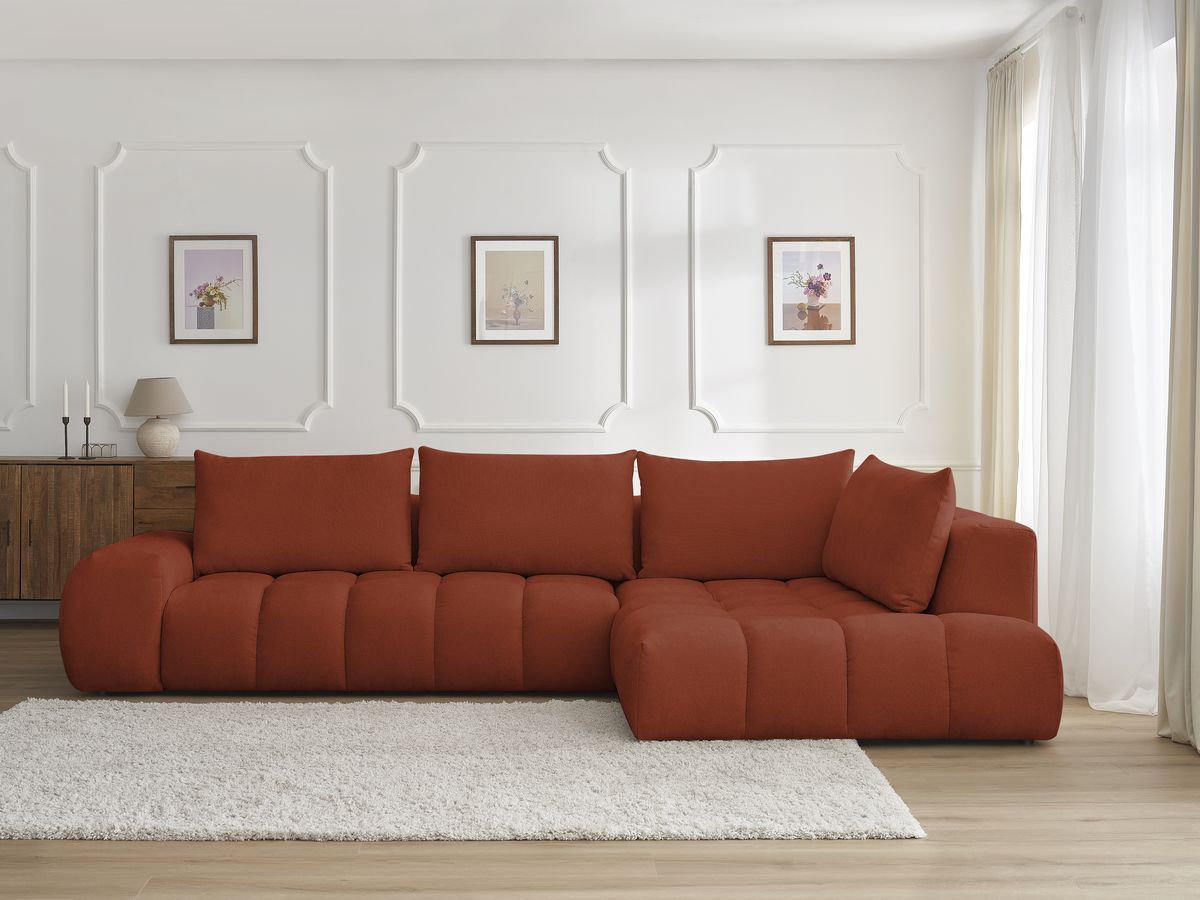 Bobochic Everest Ecksofa, 4 Kissen Strukturstoff Orange Ecke rechts