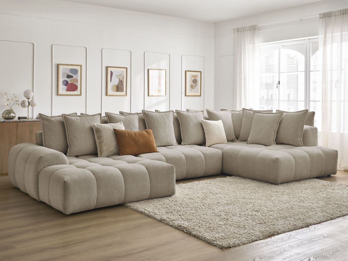 Bobochic Everest Wohnlandschaft, 14 Kissen Melange-Stoff Taupe Ecke links