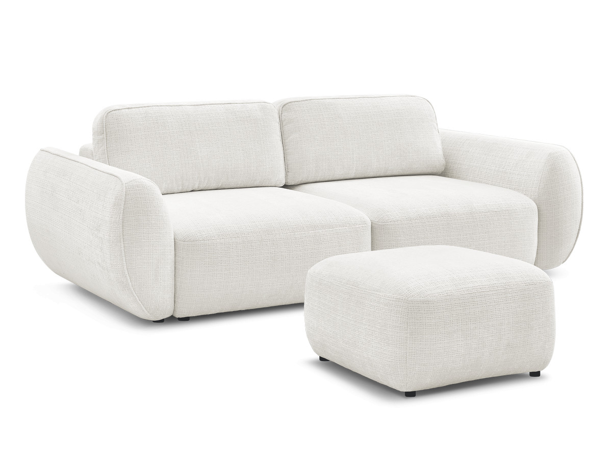 Bobochic Denise Schlafsofa 3-Sitzer mit Bettkasten und Pouf Strukturstoff Weiß