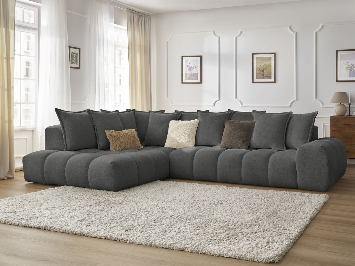 Bobochic Everest Ecksofa, 10 Kissen Melange-Stoff Dunkelgrau Ecke links