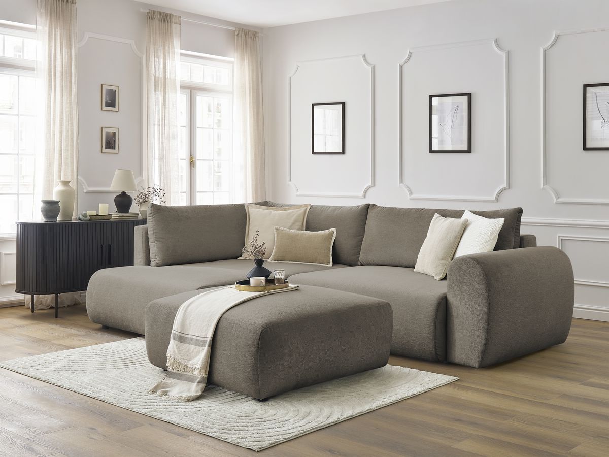 Bobochic Lucien Ecksofa mit Schlaffunktion und Bettkasten und Pouf 296 × 198 cm Stoff Taupe Ecke links