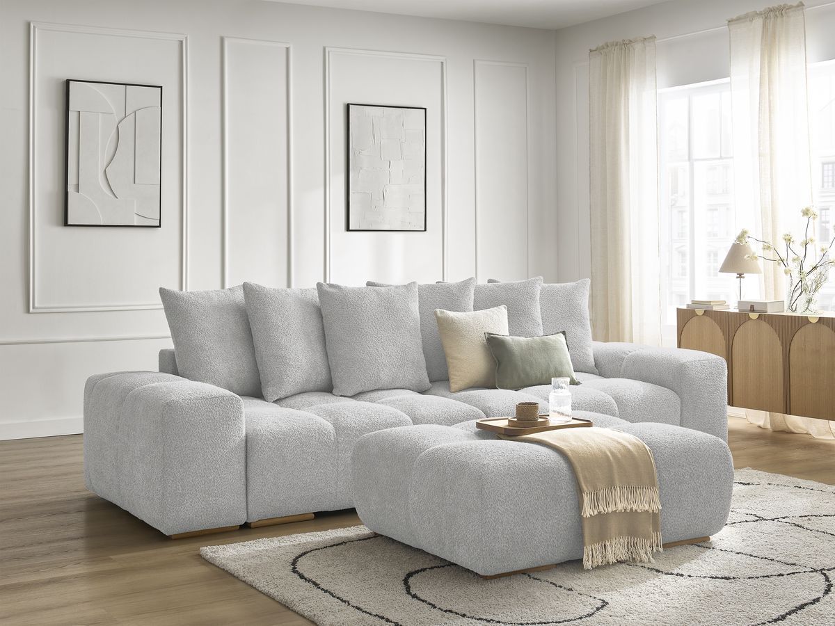 Bobochic Anakin Schlafsofa 3-Sitzer mit Bettkasten und Pouf, 6 Kissen Bouclé-Stoff Hellgrau