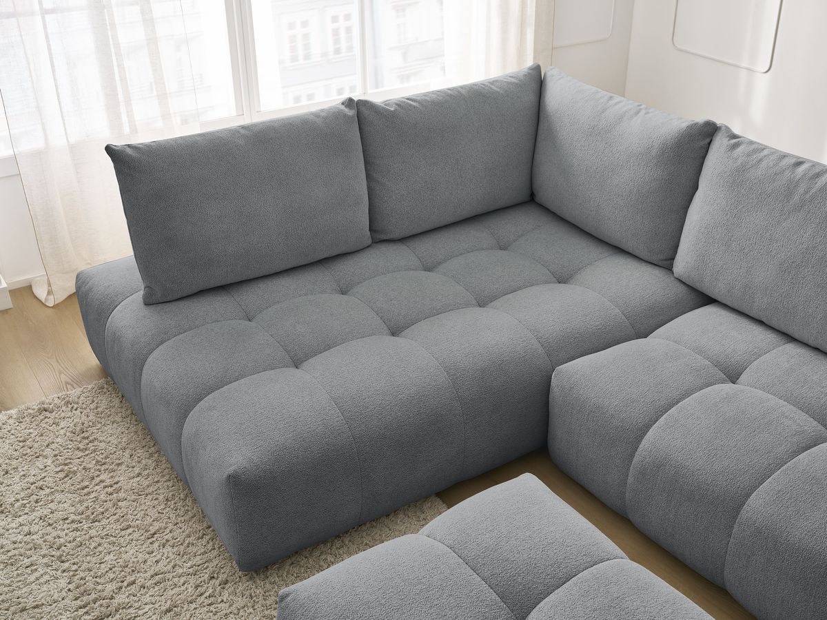 Bobochic Everest Ecksofa mit Schlaffunktion und Bettkasten und Pouf 320 × 212 cm, 5 Kissen Melange-Stoff Dunkelgrau Ecke links