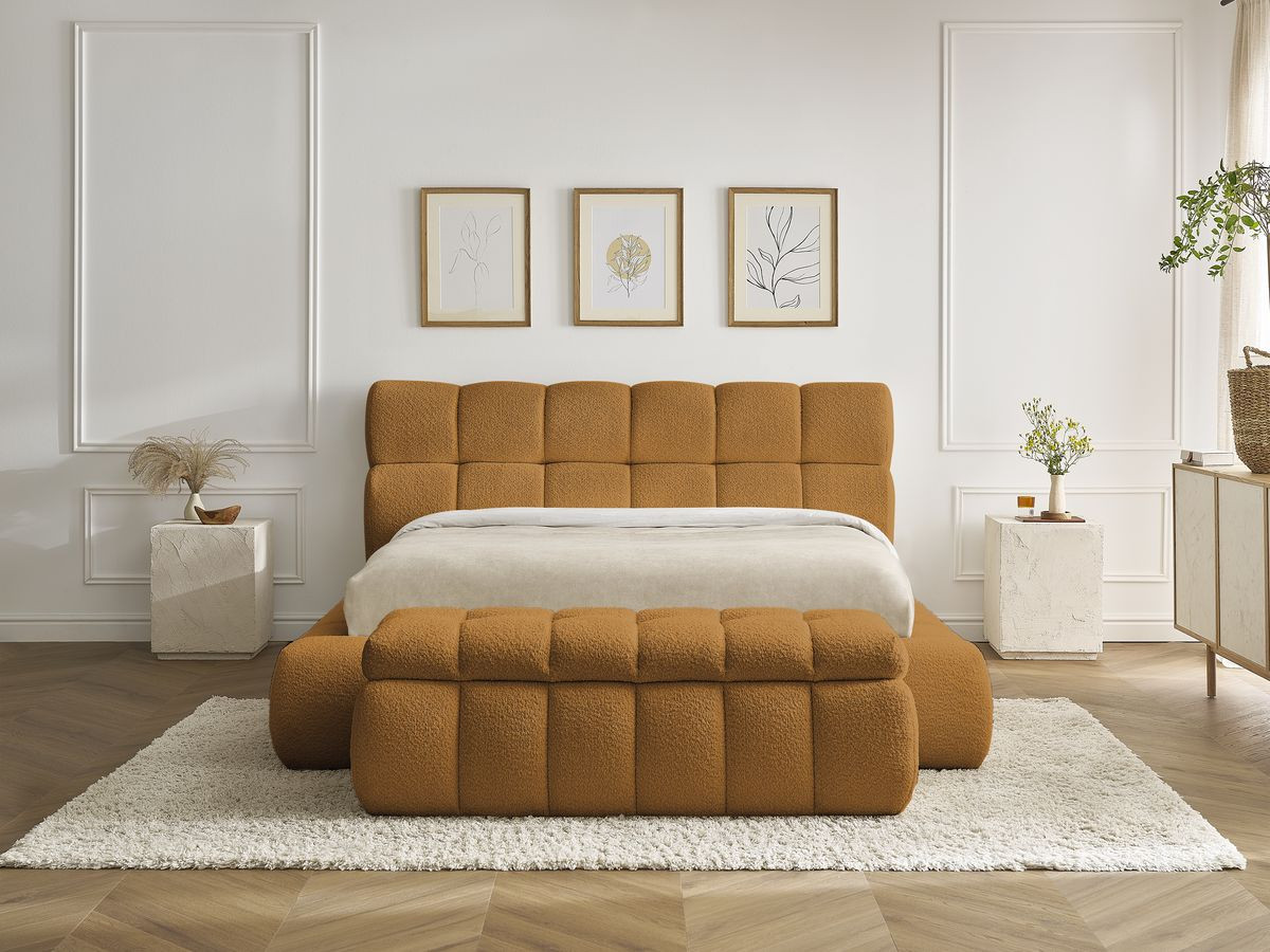 Bobochic Mont-blanc Polsterbett mit Bettkasten mit Bettbank Bouclé-Stoff Gelb, Liegefläche 160 × 200 cm