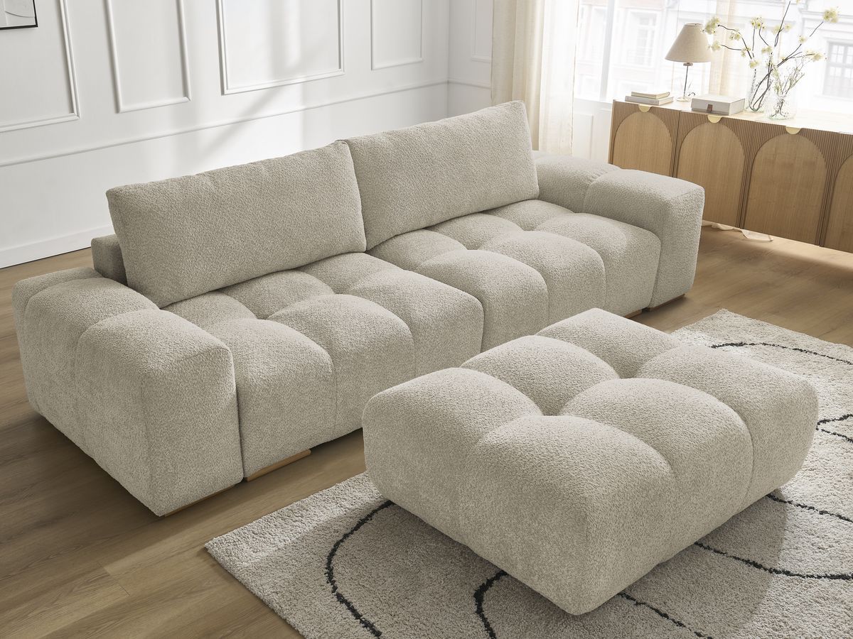 Bobochic Anakin Sofa 3-Sitzer mit Pouf, 2 Kissen Bouclé-Stoff Beige