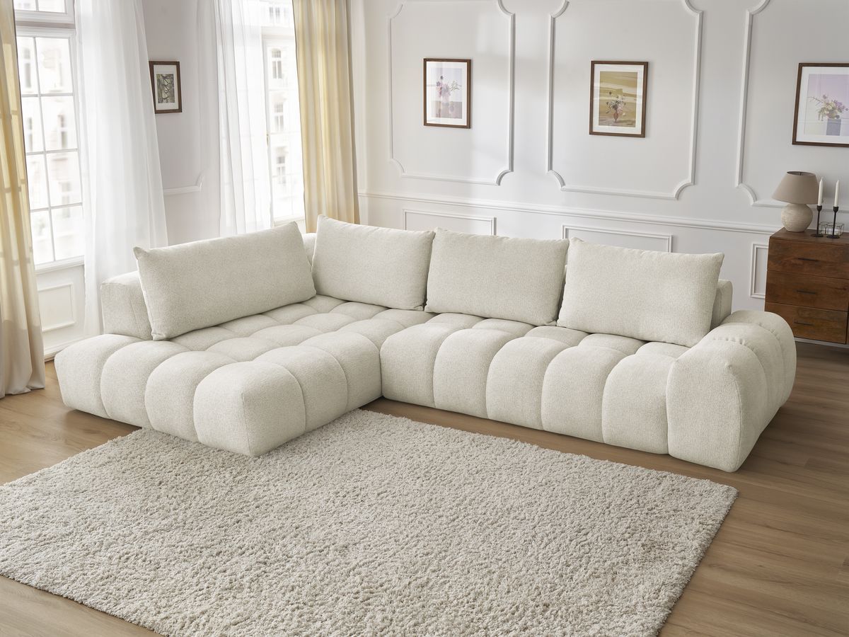 Bobochic Everest Ecksofa, 4 Kissen Melange-Stoff Weiß Ecke links