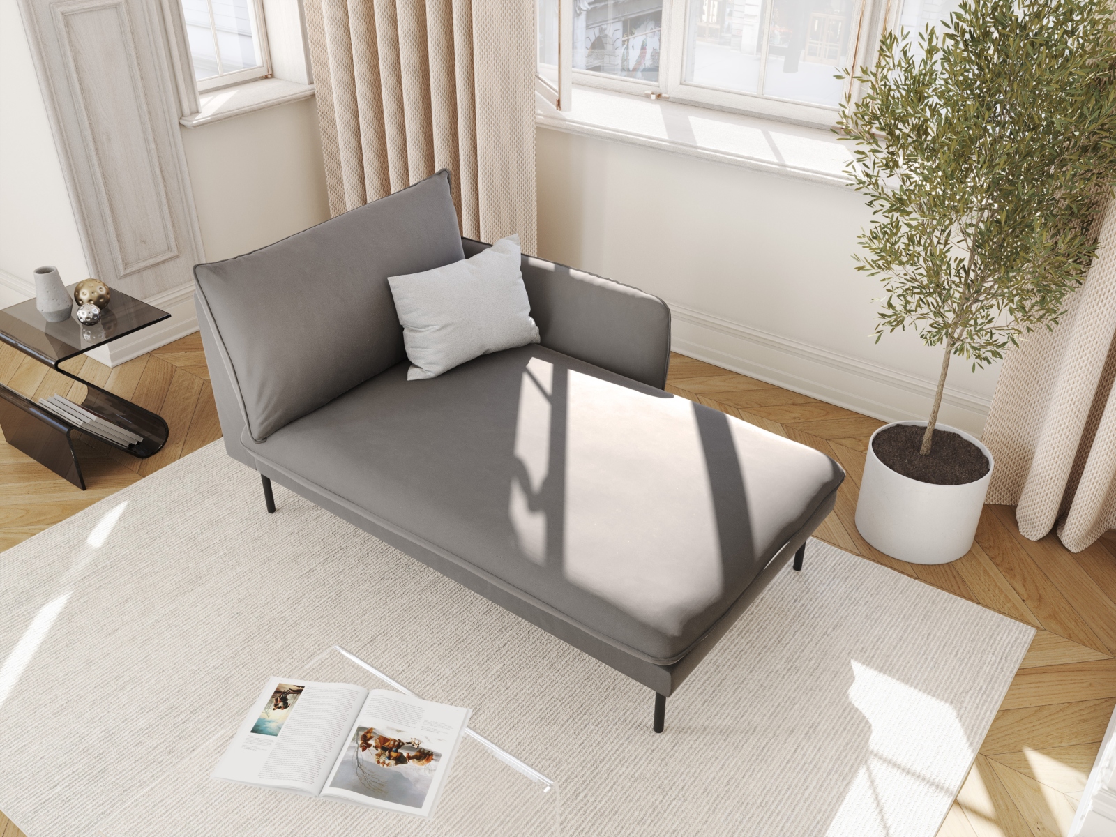 Cosmopolitan Design Chaiselongue Vienna Samt Bluvel Hellgrau Rechts Beine Schwarzes Metall