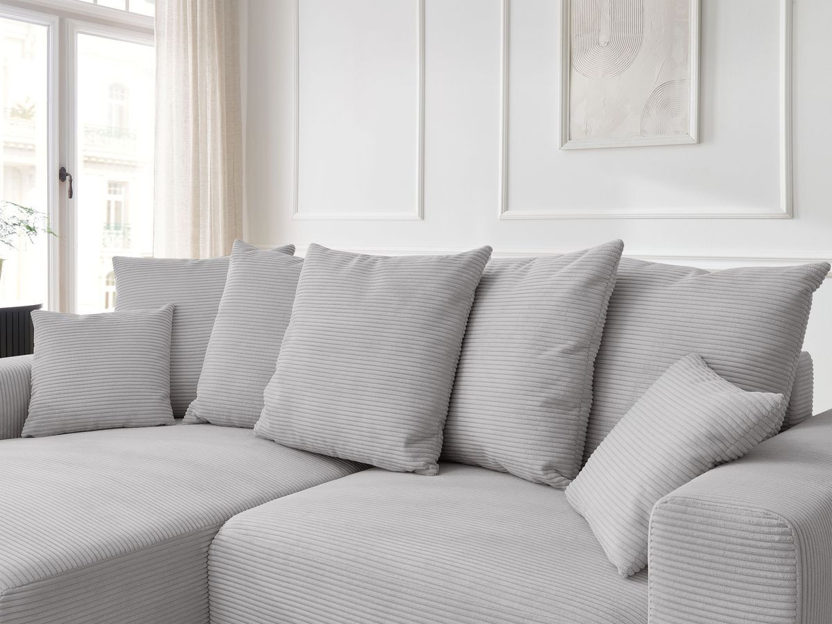 Bobochic Atilla Ecksofa mit Schlaffunktion und Bettkasten und Pouf Cordsamt Hellgrau Ecke links