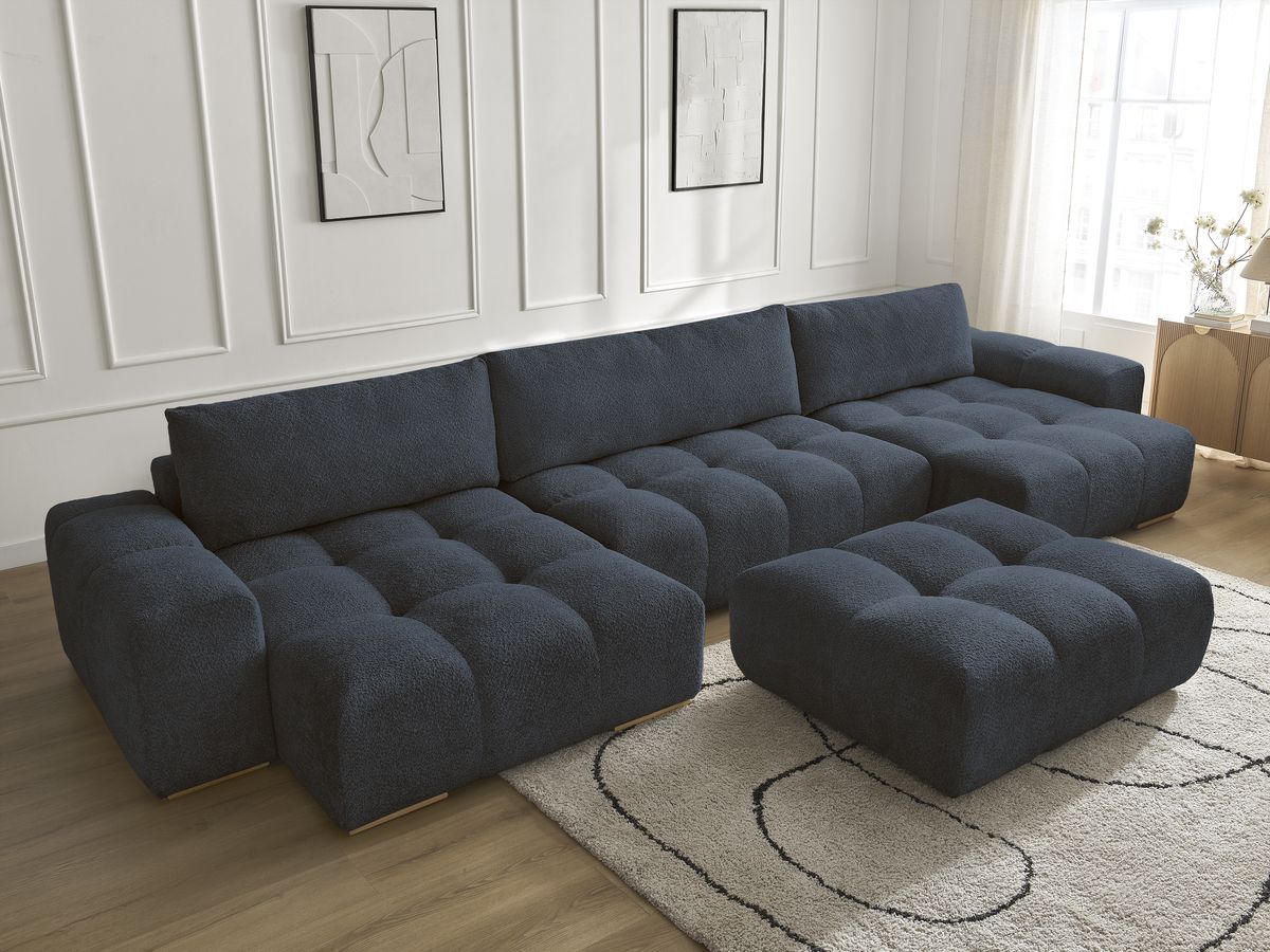 Bobochic Anakin Wohnlandschaft mit Pouf, 3 Kissen Bouclé-Stoff Dunkelblau