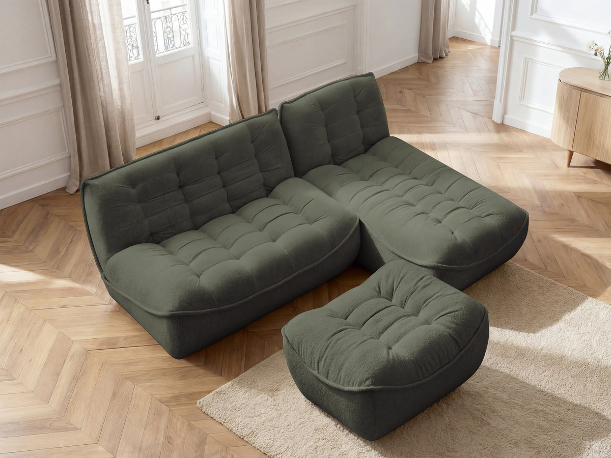 Bobochic Serena Ecksofa mit Pouf Melange-Stoff Grün