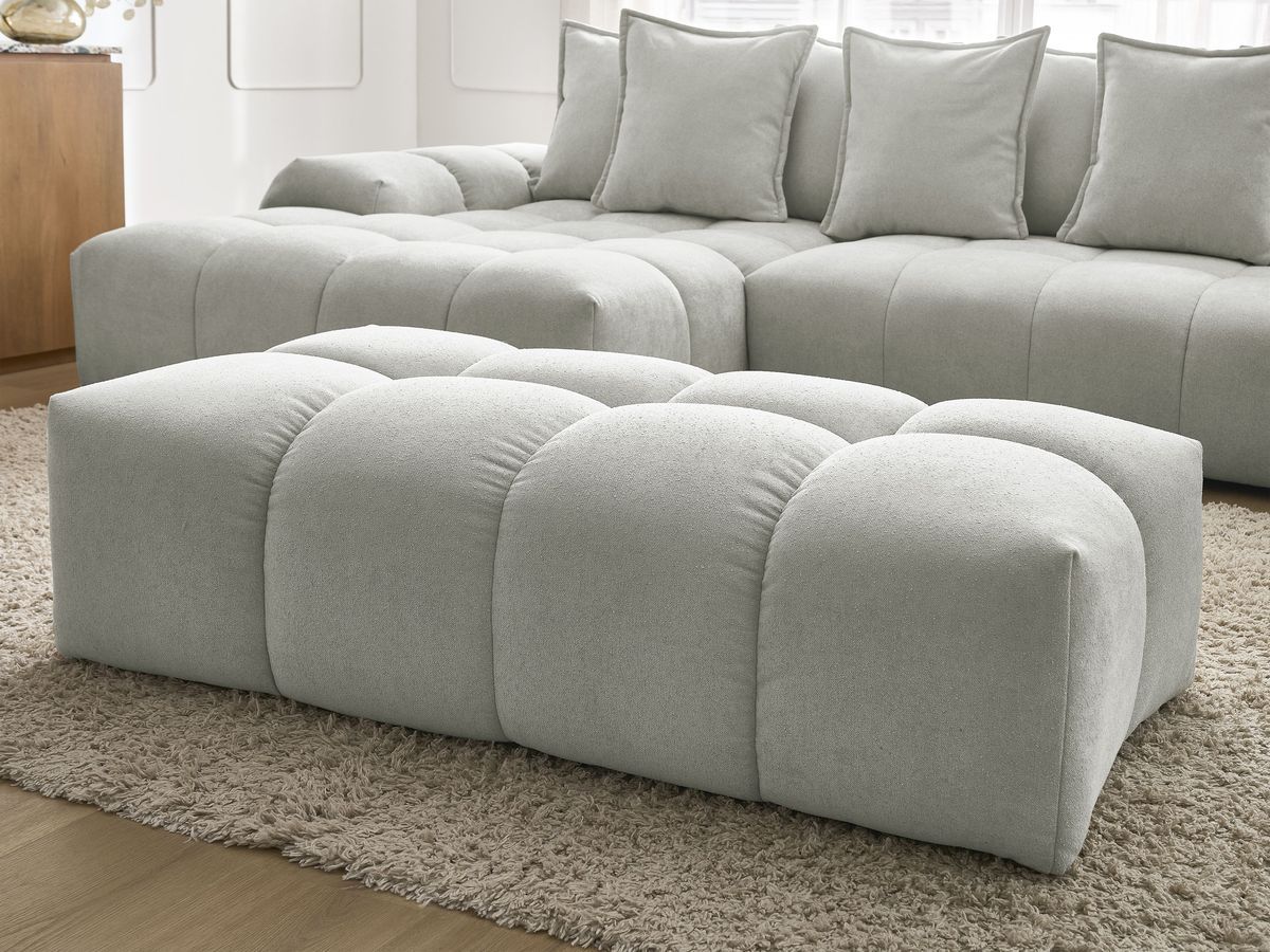 Bobochic Everest Ecksofa mit Schlaffunktion und Bettkasten und Pouf 318 × 180 cm, 7 Kissen Strukturstoff Hellgrau Ecke links