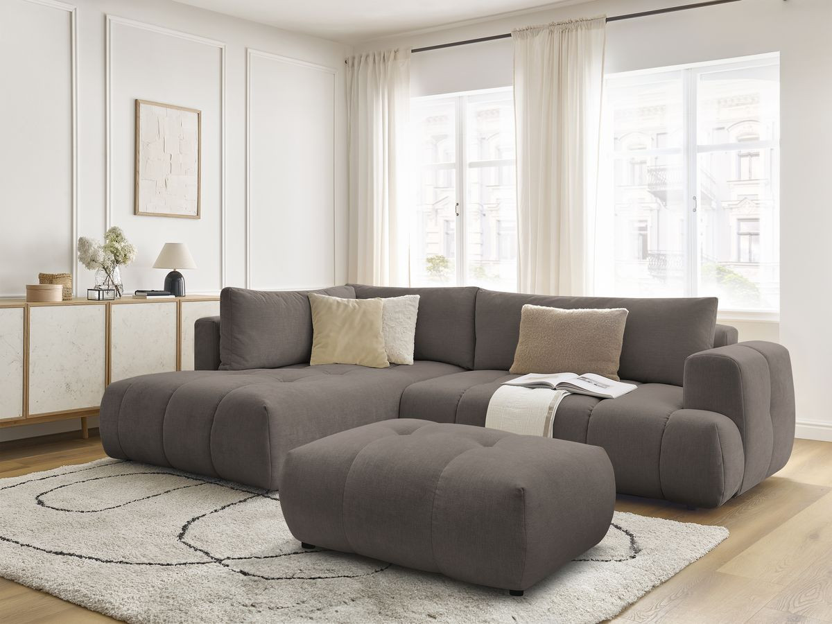 Bobochic Fuji Ecksofa mit Schlaffunktion und Bettkasten und Pouf 282 × 204 cm Stoff Taupe Ecke links