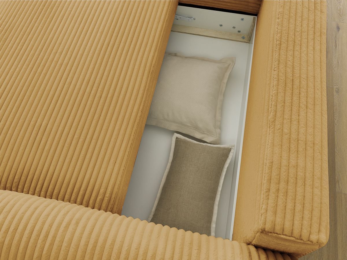 Bobochic Lucien Ecksofa mit Schlaffunktion und Bettkasten 314 × 167 cm Breitcord weich Gelb Ecke links
