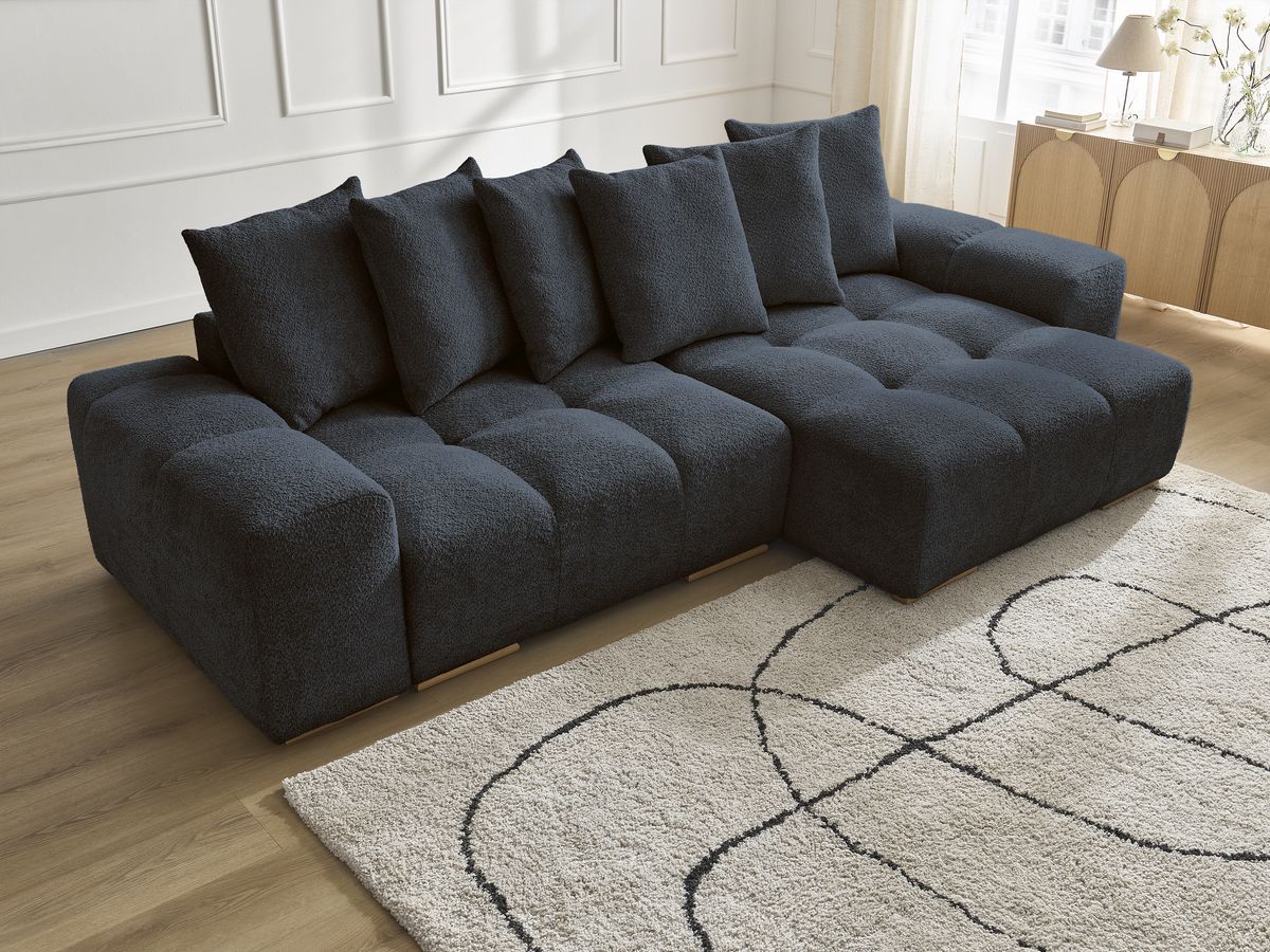 Bobochic Anakin Ecksofa, 6 Kissen Bouclé-Stoff Dunkelblau