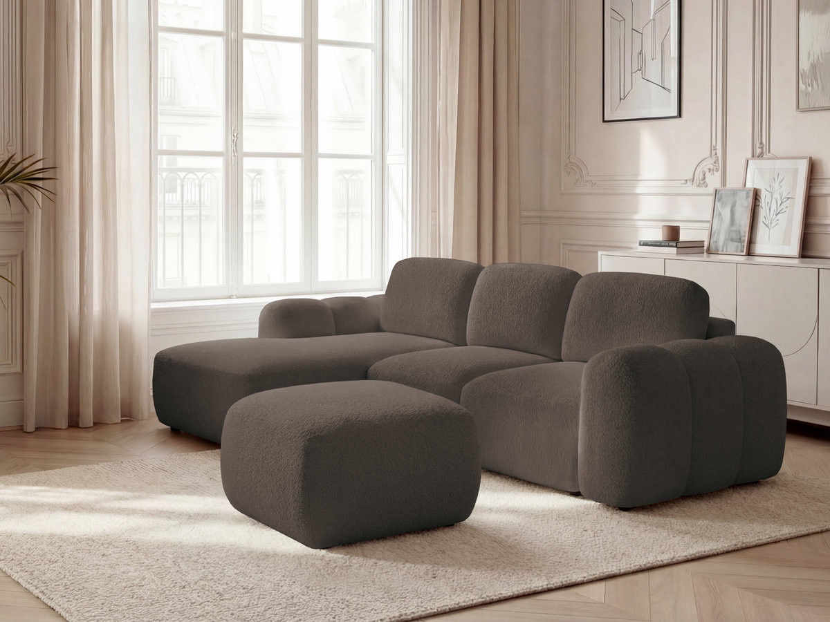 Bobochic Montaigne Ecksofa mit Schlaffunktion und Bettkasten und Pouf 276 × 164 cm Bouclé-Stoff Braun Ecke links