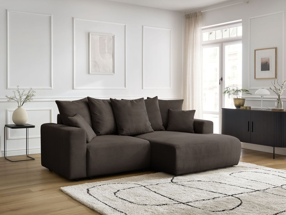Bobochic Atilla Ecksofa mit Schlaffunktion und Bettkasten Cordsamt Taupe Ecke rechts