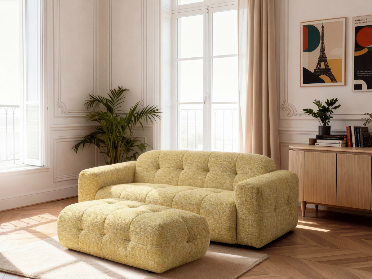 Bobochic Laura Sofa 3-Sitzer mit großem Pouf Melange-Stoff Gelb