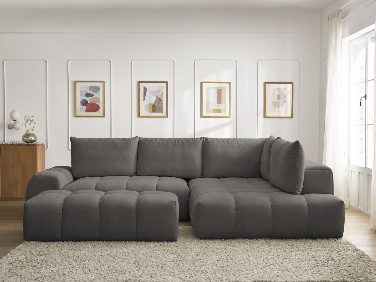 Bobochic Everest Ecksofa mit Schlaffunktion und Bettkasten und Pouf 320 × 212 cm, 5 Kissen Strukturstoff Dunkelgrau Ecke rechts