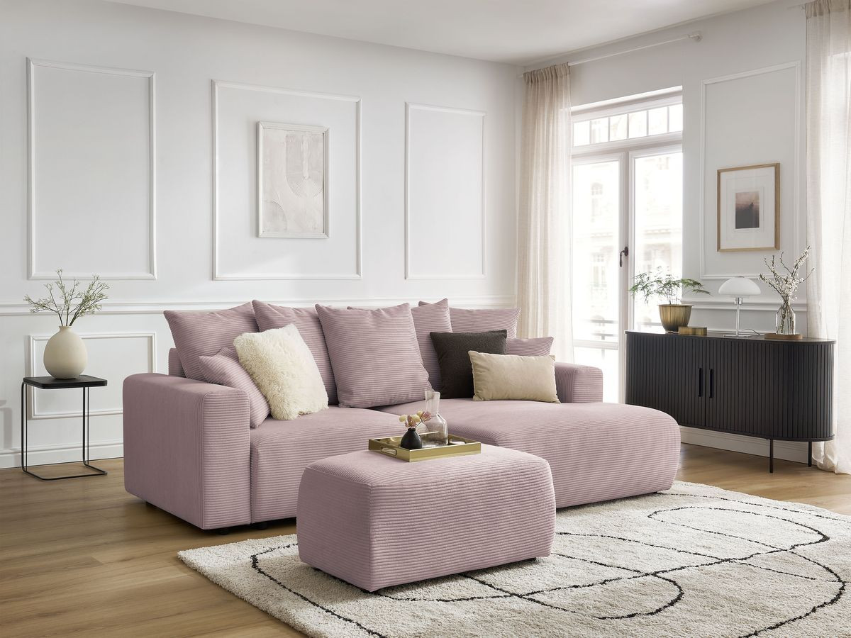 Bobochic Atilla Ecksofa mit Schlaffunktion und Bettkasten und Pouf Cordsamt Violett Ecke rechts