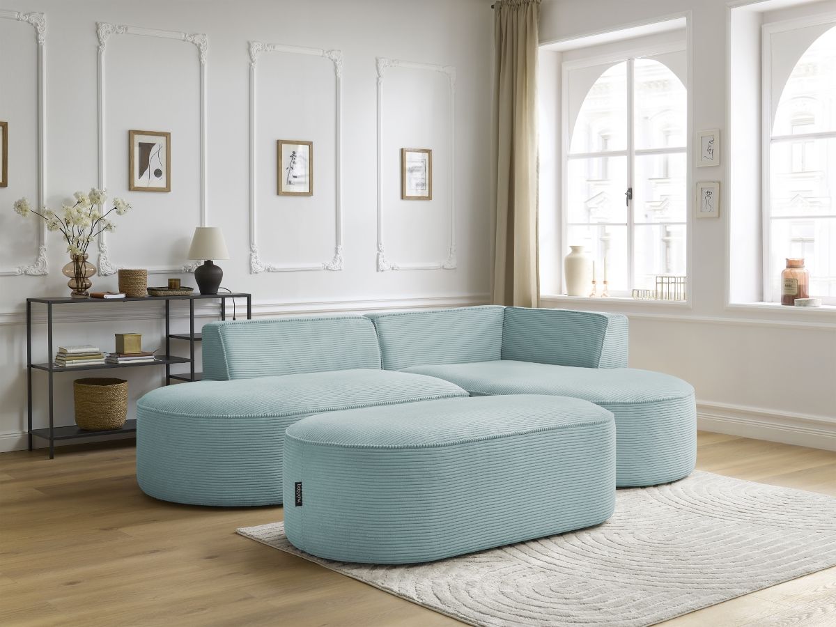 Bobochic Rousseau Ecksofa mit Pouf Cordsamt Hellblau Ecke rechts
