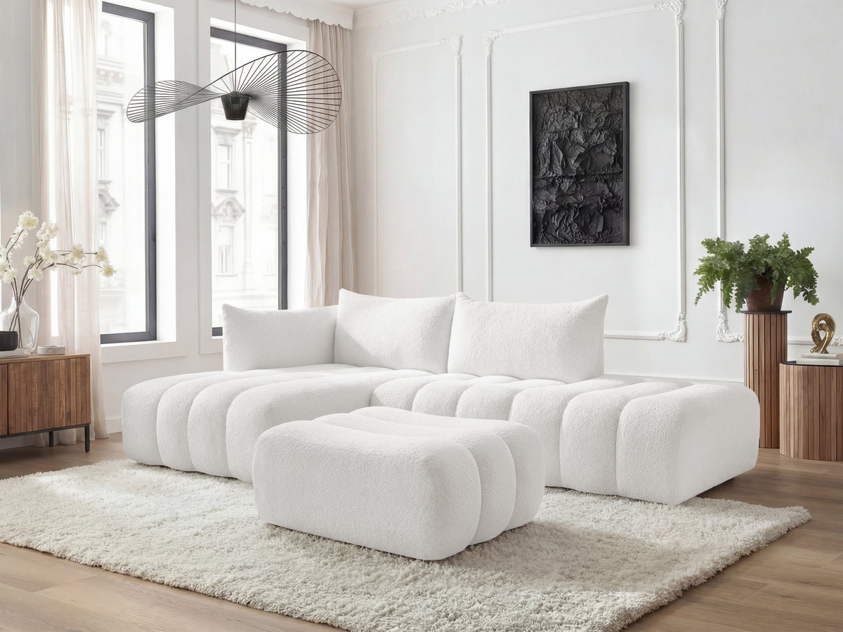 Bobochic Azra Ecksofa mit Pouf 319 × 178 cm Bouclé-Stoff Weiß Ecke links