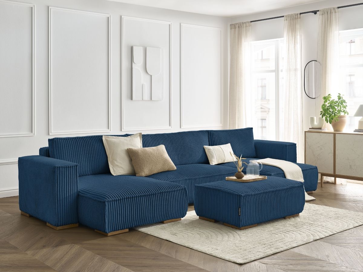 Bobochic Chelsea Wohnlandschaft mit Pouf Breitcord weich Dunkelblau