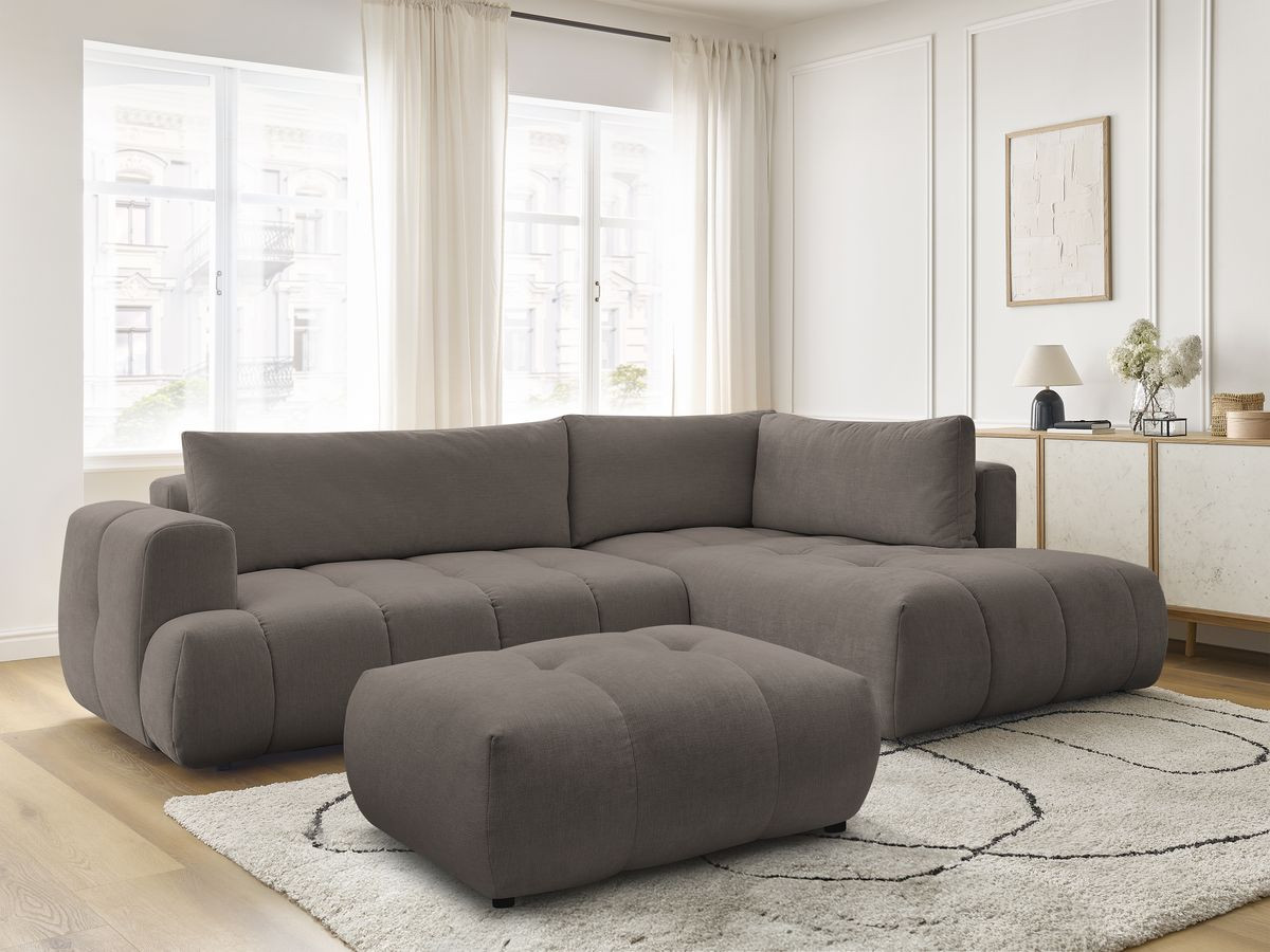 Bobochic Fuji Ecksofa mit Schlaffunktion und Bettkasten und Pouf 282 × 204 cm Stoff Taupe Ecke rechts