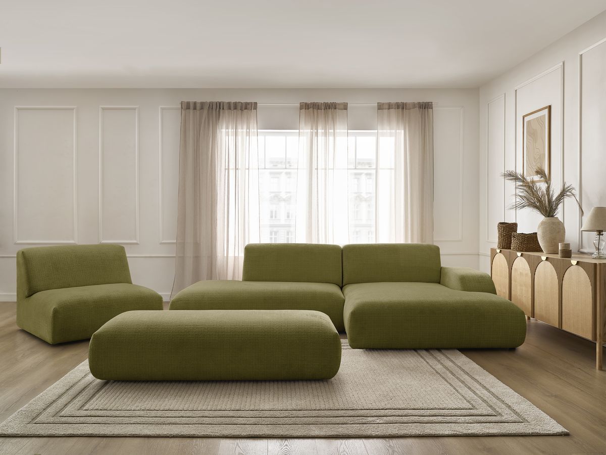 Bobochic Sirius Ecksofa mit Pouf 405 × 170 cm Strukturstoff Grün Ecke rechts