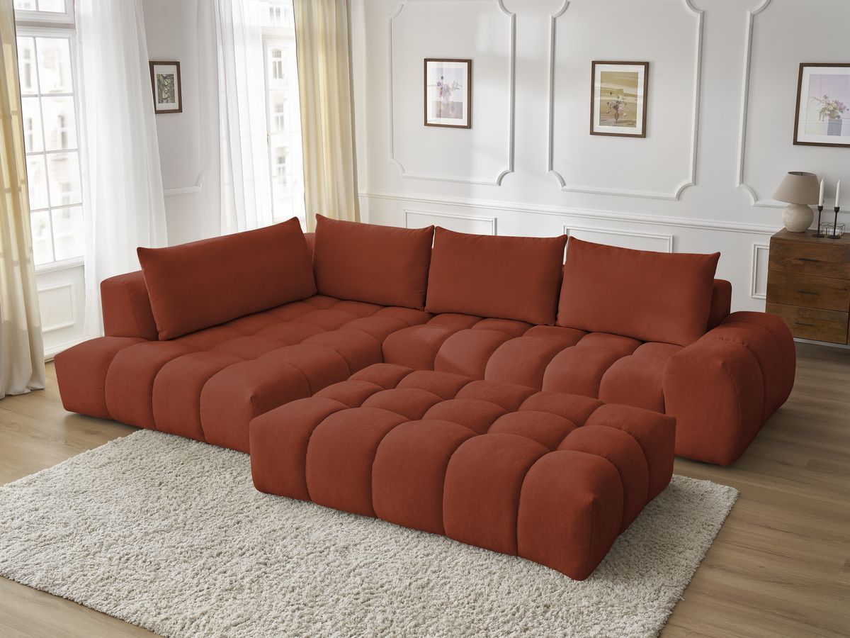 Bobochic Everest Ecksofa mit Schlaffunktion und Pouf, 4 Kissen Strukturstoff Orange Ecke links