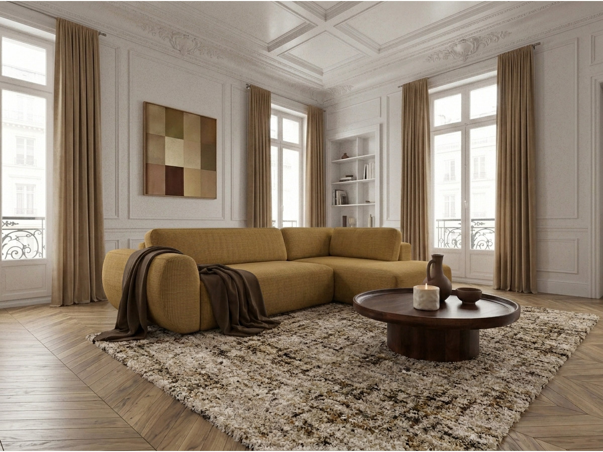 Bobochic Denise Ecksofa mit Schlaffunktion und Bettkasten 256 × 197 cm Strukturstoff Gelb Ecke rechts