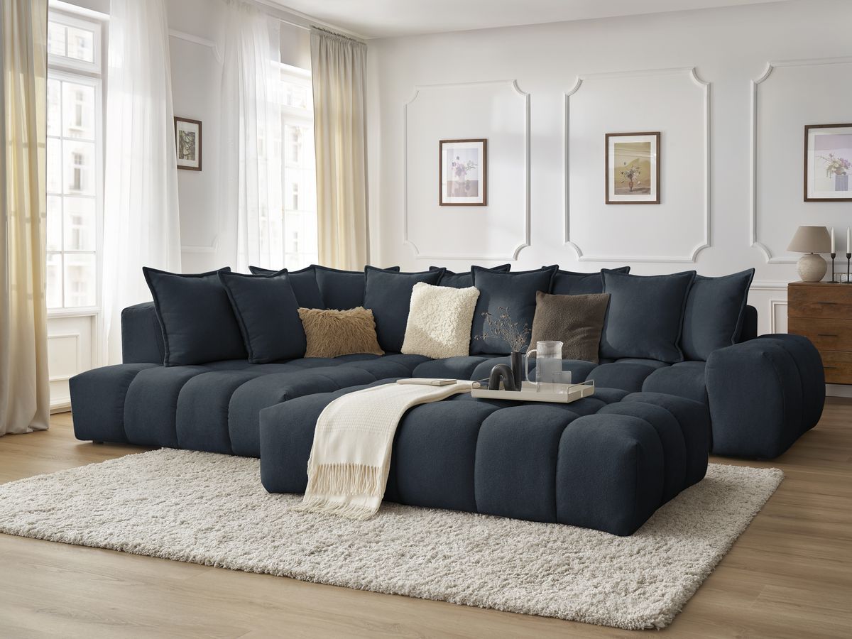 Bobochic Everest Ecksofa mit Schlaffunktion und Pouf, 10 Kissen Strukturstoff Dunkelblau Ecke links