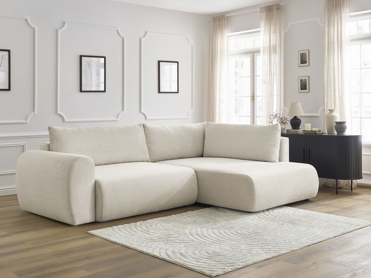 Bobochic Lucien Ecksofa mit Schlaffunktion und Bettkasten 296 × 198 cm Stoff Beige Ecke rechts