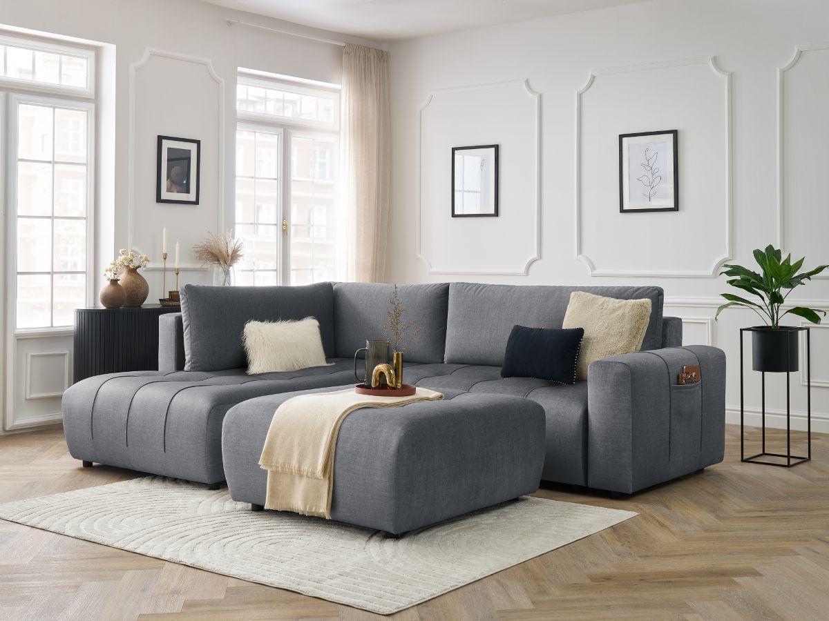 Bobochic Arsene Ecksofa mit Schlaffunktion und Bettkasten und Pouf 277 × 200 cm Samt Dunkelgrau Ecke links